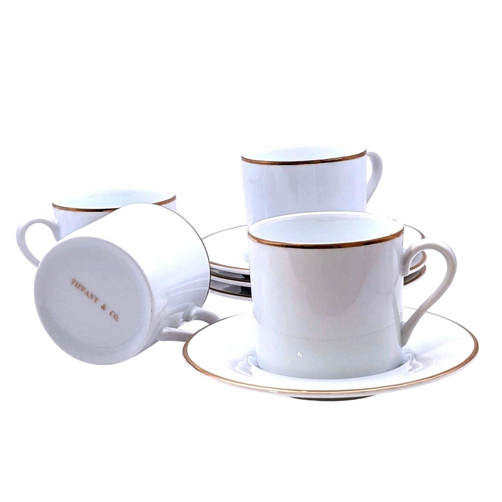 Vintage Tiffany & Co Bone China Gold Rim Serving for 4 Demitasse Cup Saucer Set